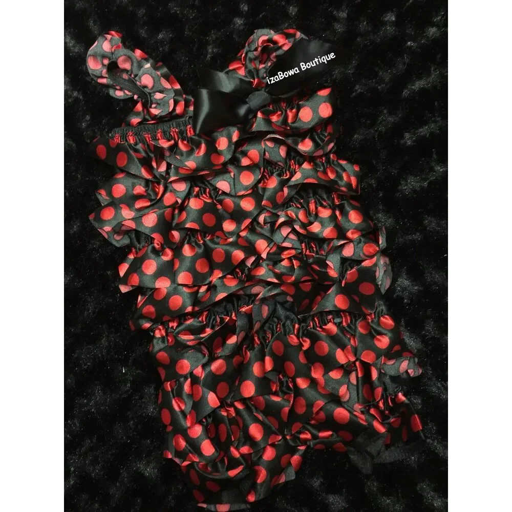 Red & Black Polka Dot Satin Romper BRPDS Small 3M-12M NWT Boutique